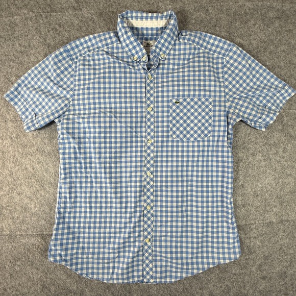 Lacoste Other - Lacoste Button Shirt Mens 40 Blue Gingham PLaid Slim Fit Short Sleeve Cotton